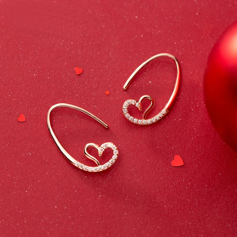 

100% Real 925 Sterling Silver Love Heart Dangle Earrings Romantic Rose Gold Micro-paved Earrings for Women Girls