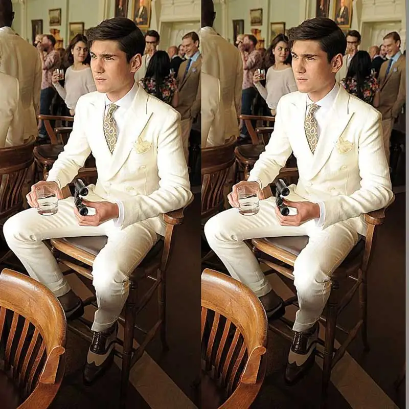 Ivory Men Wedding Suits Slim Fit Tuxedos Groom Wear Double Breasted Bridegroom Costume Homme 2Pcs Peaked Lapel Blazer | Мужская одежда