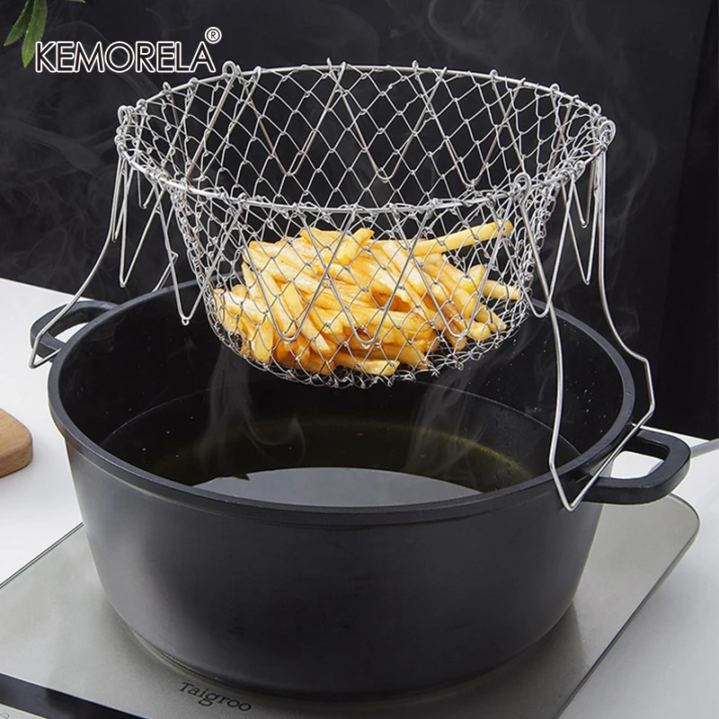 Stainless Steel Foldable Fryer Basket Steam Rinse Strain Kitchen Fruit Colander
