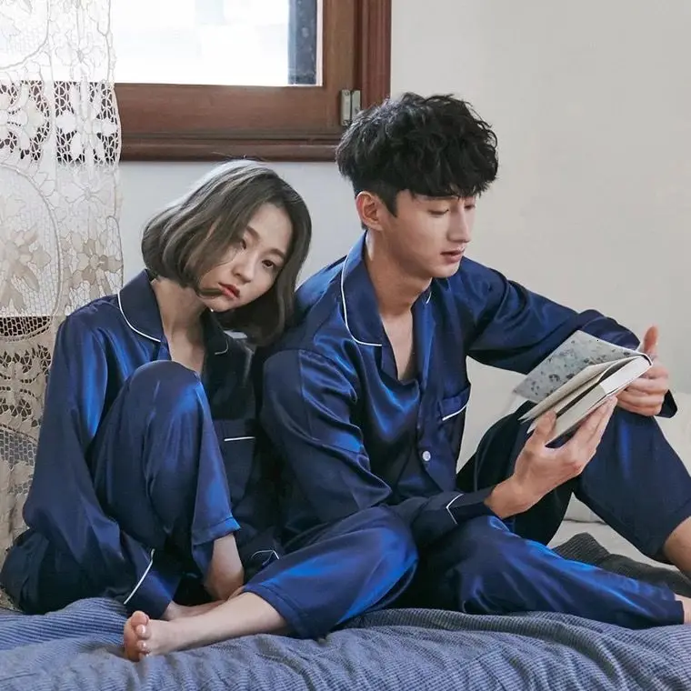 Spring and autumn men and couple long-sleeved thin ice silk and winter two-piece youth home service suit