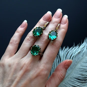 

Beautiful Christmas Gift DK Green Earrings Ring Jewellery Setting Big Oval Stone Statement 2pcs Jewelry Sets