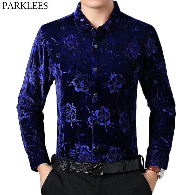 Luxury Royal Blue Floral Velvet Dress Shirt Mens Slim Fit Long Sleeve
