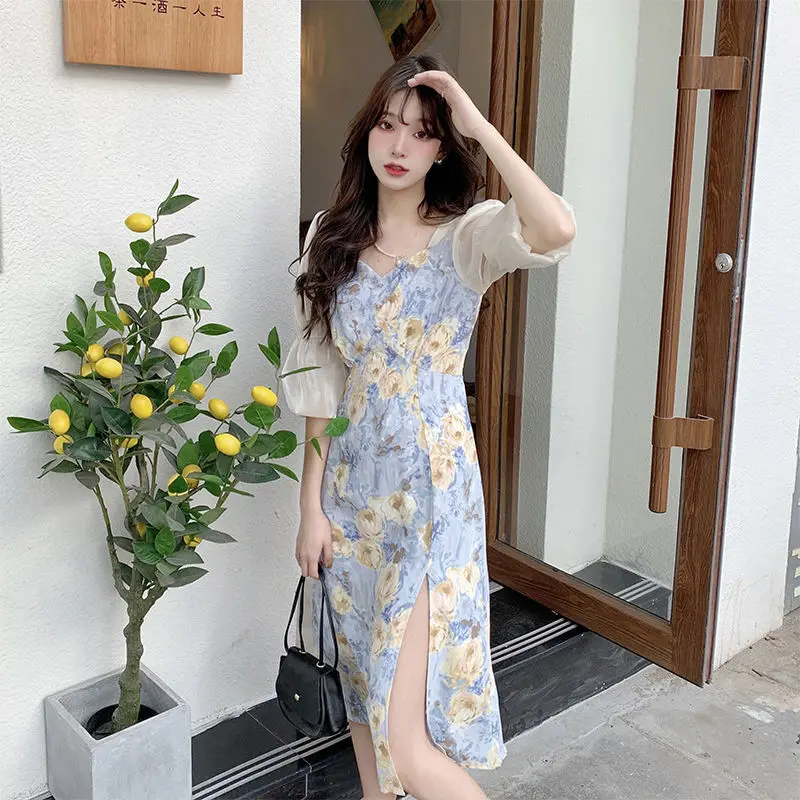 Dresses Women Spliced Romantic Printed Korean Style Elegant Empire Side-slit Feminine Trendy Vestdios Sweet Female Puff Sleeve zara dresses