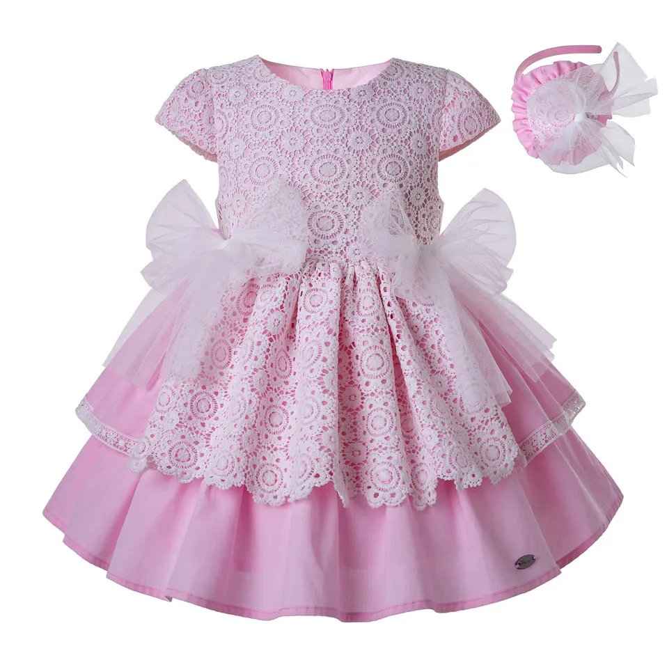 Cutestyles/летнее розовое платье для девочек с белым многослойным кружевом и лентой для волос; летнее платье для девочек; Эксклюзивная детская одежда; EG-DMGD203-32 - Цвет: As picture