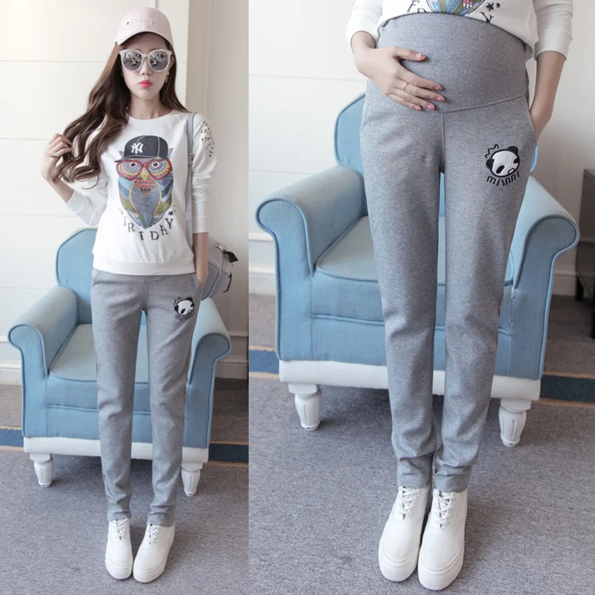 

2019 Spring And Autumn Maternity Clothes Sports Pants Abdominal Support Outer Wear Embroidery Loose And Plus-sized Casual Pregna