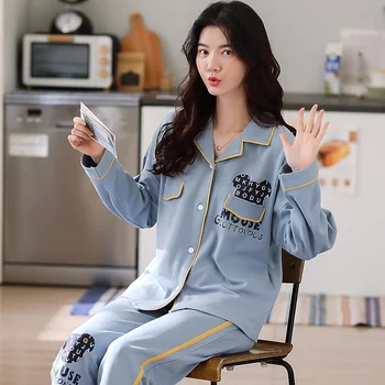

New 2020 Women Pyjamas Sets Cute Carton Long Sleeve Cartoon Sleepwear Set Loose Leisure Home Women Pajamas Set Young Girl