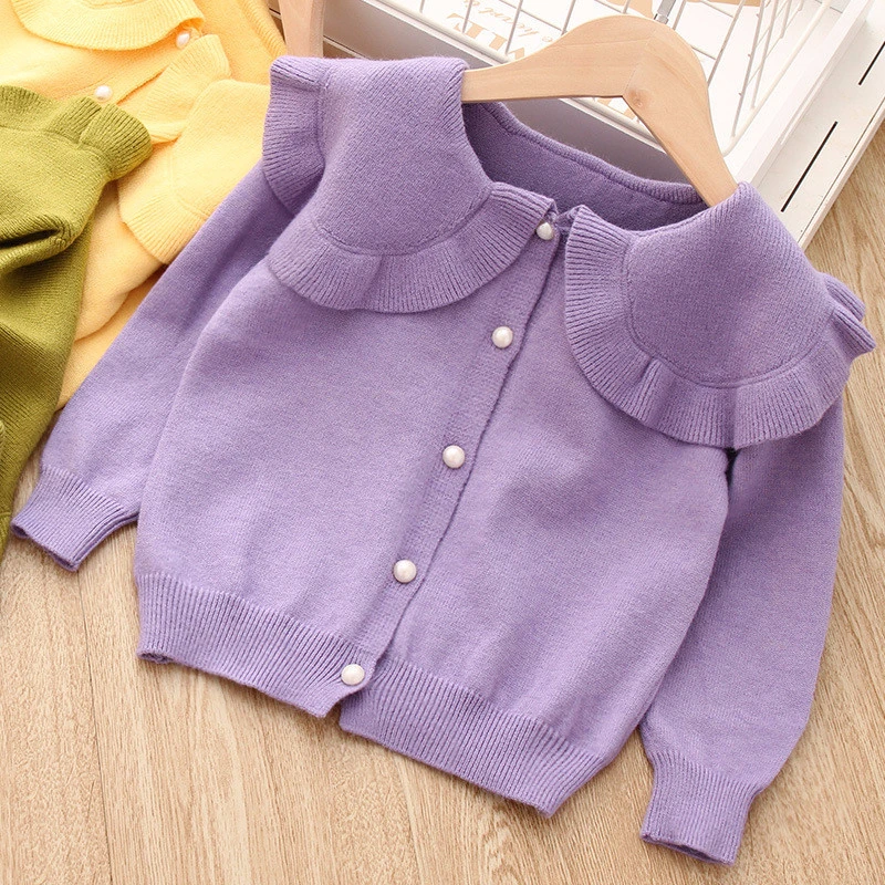 

1-7Y Children's Sweater Girls Doll Collar Ruffled Cardigan Solid Color Baby Kids Top Clothes 2019 Autumn Girl Knit Jacket Coat