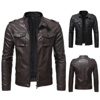 2021 Spring Autumn New High Quality Men's Solid Color Zipper Stand Collar Slim Motorcycle Long Sleeve Men's Leather Jacket