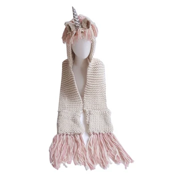 

2019 New Fashion Winter Children's Unicorn Wool Scarf One Cloak Shawl Tassel Warmer Baby Girls with Caps