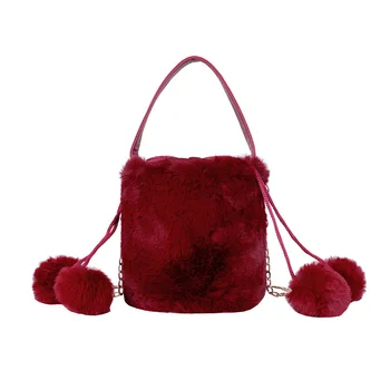 

Autumn and Winter Round Totes Bag Designer Ladies Shoulder Bucket Bag Women Fur Handbags Soft Crossbody Bags with Ball Pendant