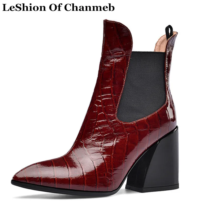 

US Size 3-12 Natural Cow Leather Crocodile Pattern Chelsea Boots for Women Chunky Heels Ankle Boots Ladies Winter Shoes Fashion