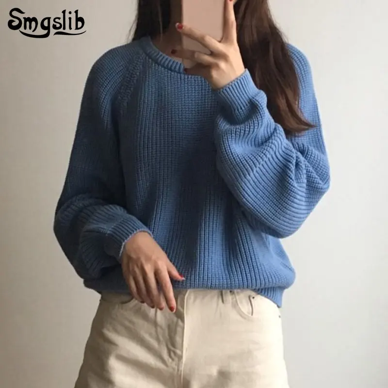 

2019 Autumn Winter Women O-neck Sweater Pullover loose Long Sleeve Korean Knitting solid fashion sweater