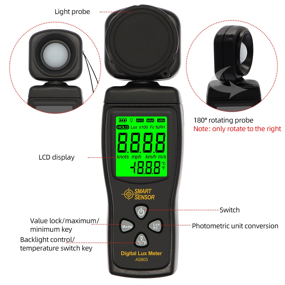 AS803 Luxmeter Digital Light Meter Lux Meter Photometer uv Meter UV Radiometer LCD Illuminometer Photometer Luminance Tester 2