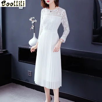 

Boollili 2020 Spring Summer White Dress Women Elegant Pleated Dress Fashion Lace Party Dresses Vestido Longo