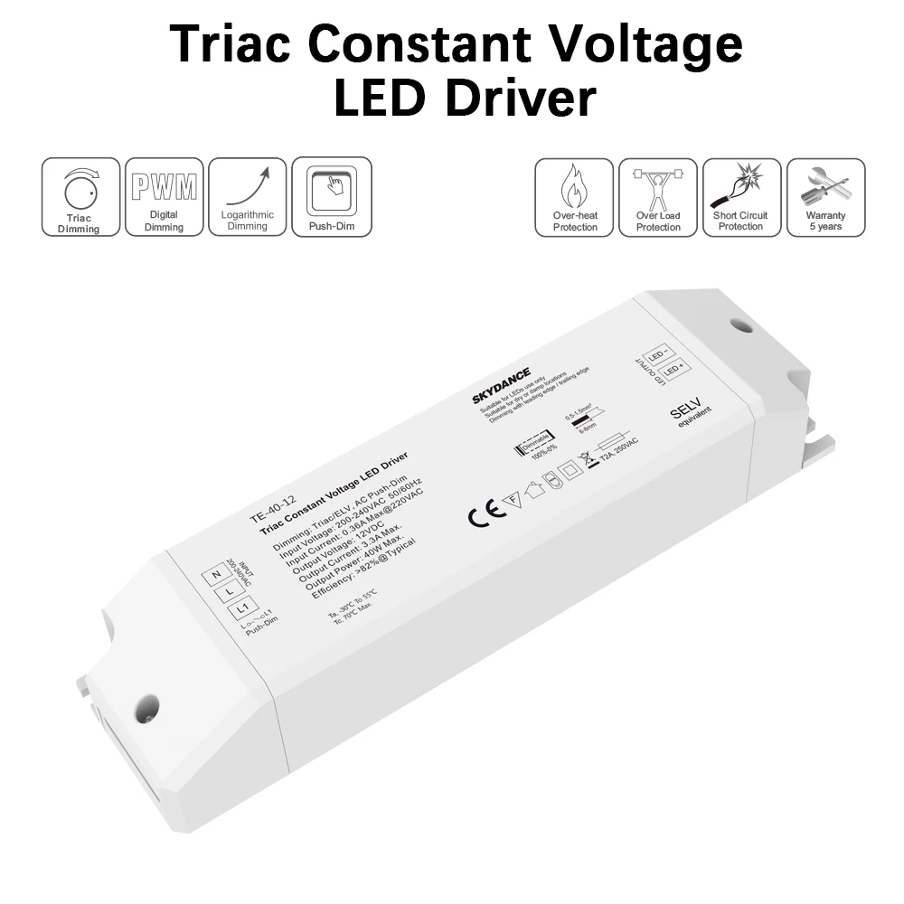 AC220V-240V DC/DC 12V 24V постоянный Напряжение светодиодный симисторный ШИМ цифровой дали затемняя драйвер 40 Вт 1 выходной канал для светодиодный освещения - Цвет: TE-40-12