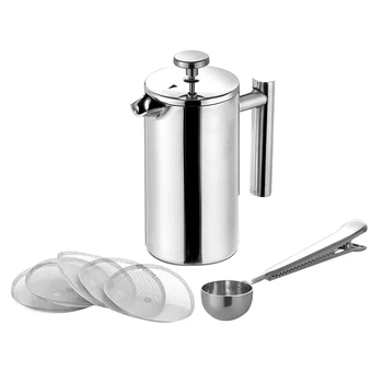 

350ML French Press,12Oz,Double Wall Stainless Steel Tea Cafetiere Kettle, with Coffee Measuring Spoon & 5 Filter Sns