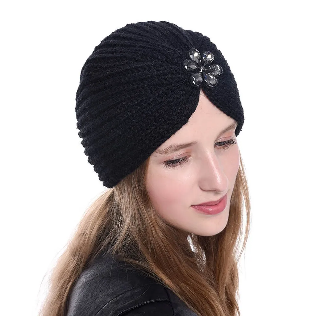

Winter Hats For Women New Beanies Knitted Solid Warm Hat Girls Winter Crystal Flower Knitted Hat Wool Hemming Hat Ski Hat #YL5