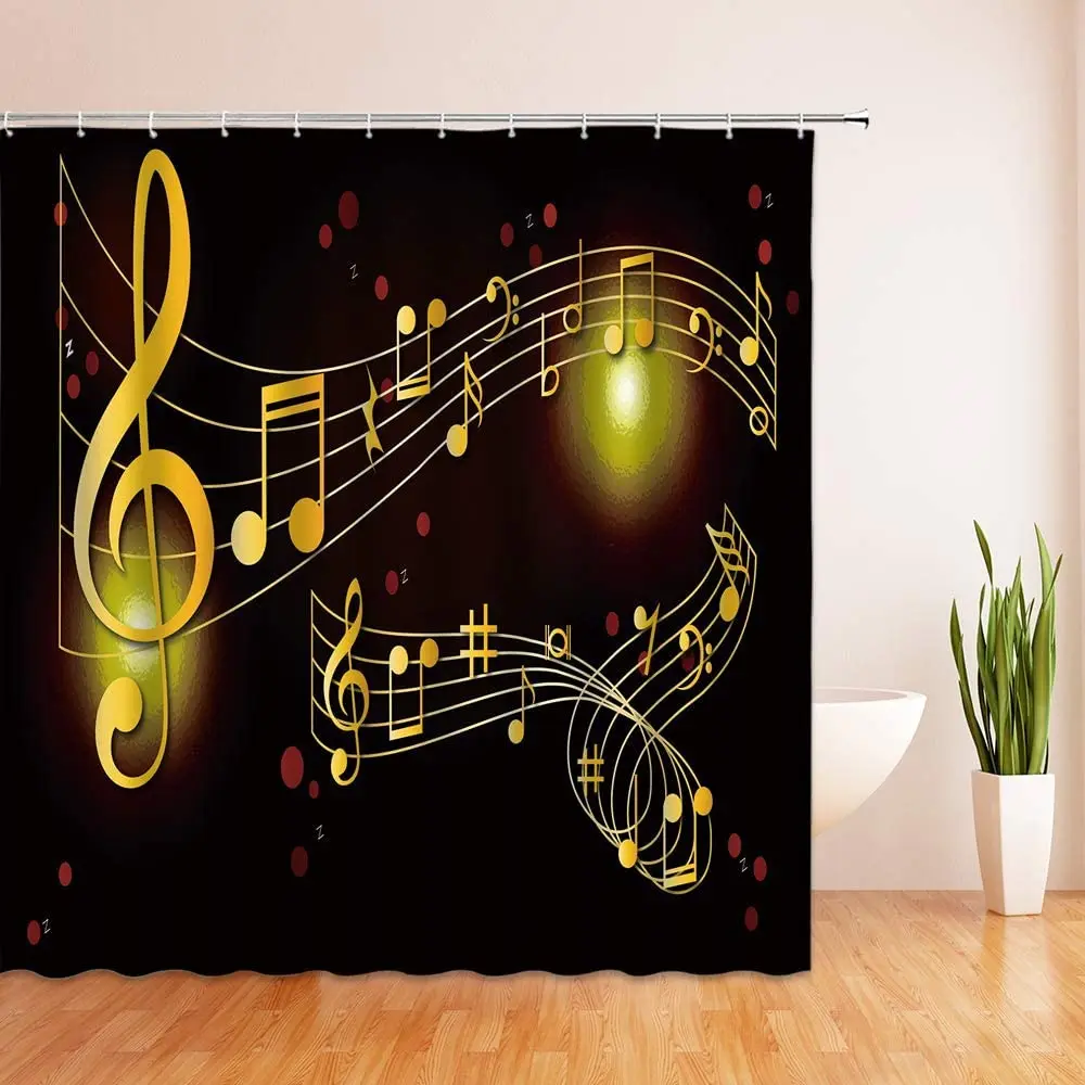 Fashion Creative Music Shower Curtain Golden Musical Notes Red Polka Dot Abstract Geometric Black Bathroom Curtain With Hooks