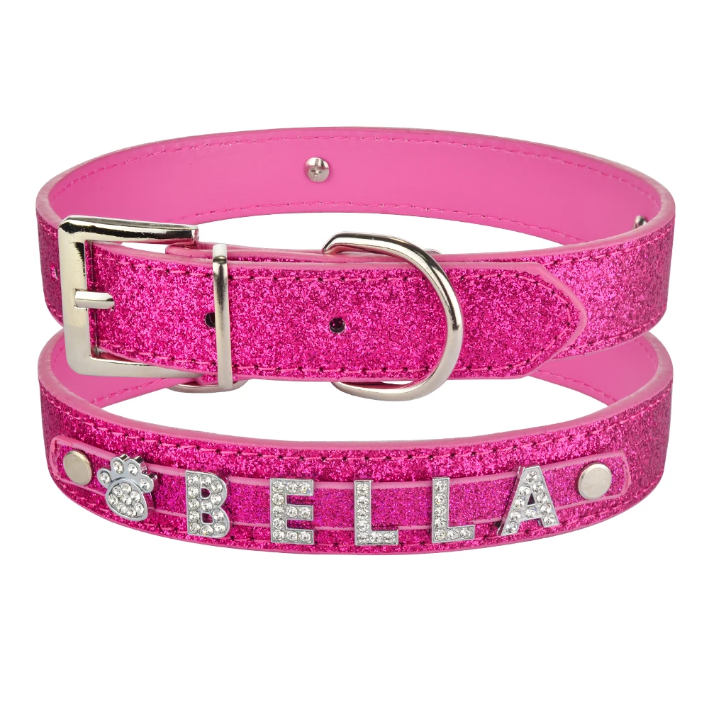 Personalized Rhinestone Bling Charm Leather Collar for Dog