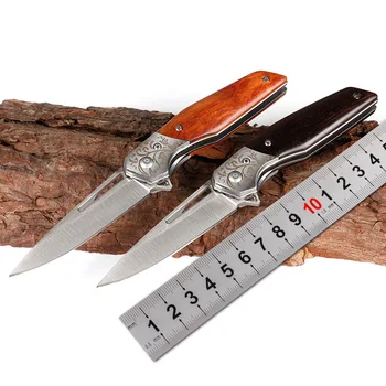 

Camping survival outdoor folding knife flower acid branch wooden handle D2 steel portable Paring Knives damascus chef knife