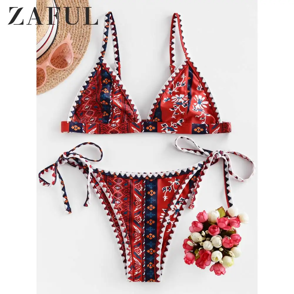 Женский купальник бикини ZAFUL Boho с завязками сбоку винтажный низкой талией и