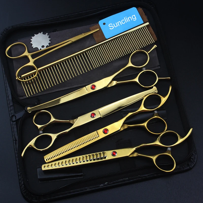 

7 Inch Gold Painting Color Round Tip JP Stainless Steel High Quality Scissors Set Dog