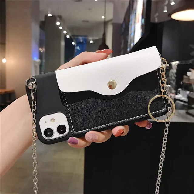 Silver Chain Lanyard Crossbody With Card Pocket Candy Case For Samsung Galaxy A51 A71 A42 A12 5G S20 Fen Edition S20 Ultra Plus Black