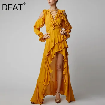 

DEAT 2020 new autumn fashion women vacation party dress ruffles collar off the shoulder full sleeves pleated long dress WN46207L