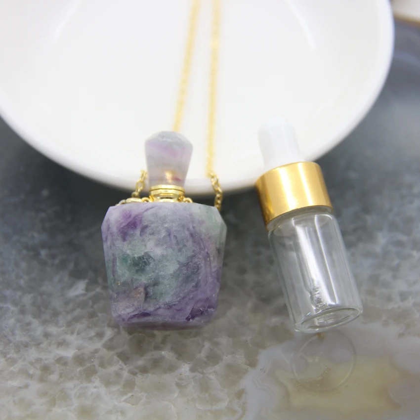 Classic Rainbow Fluorite Perfume Bottle Pendant Necklace,Personalized Faceted Natural Fluorite Essential Oil Diffuser Charms