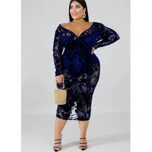 

Plus Size Women's Dress 6XL Sexy V-neck See-through Long-sleeved Lace Spring New Fashion Nightclub Evening Party Dresses