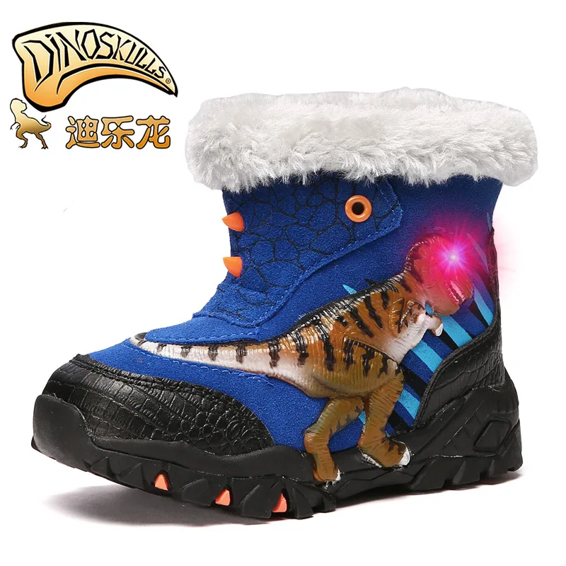 Dinoskulls/светящиеся ботинки для мальчиков с динозавром зимние ботинки г. Детская теплая плюшевая флисовая подкладка светодиодный светильник T-rex детская обувь