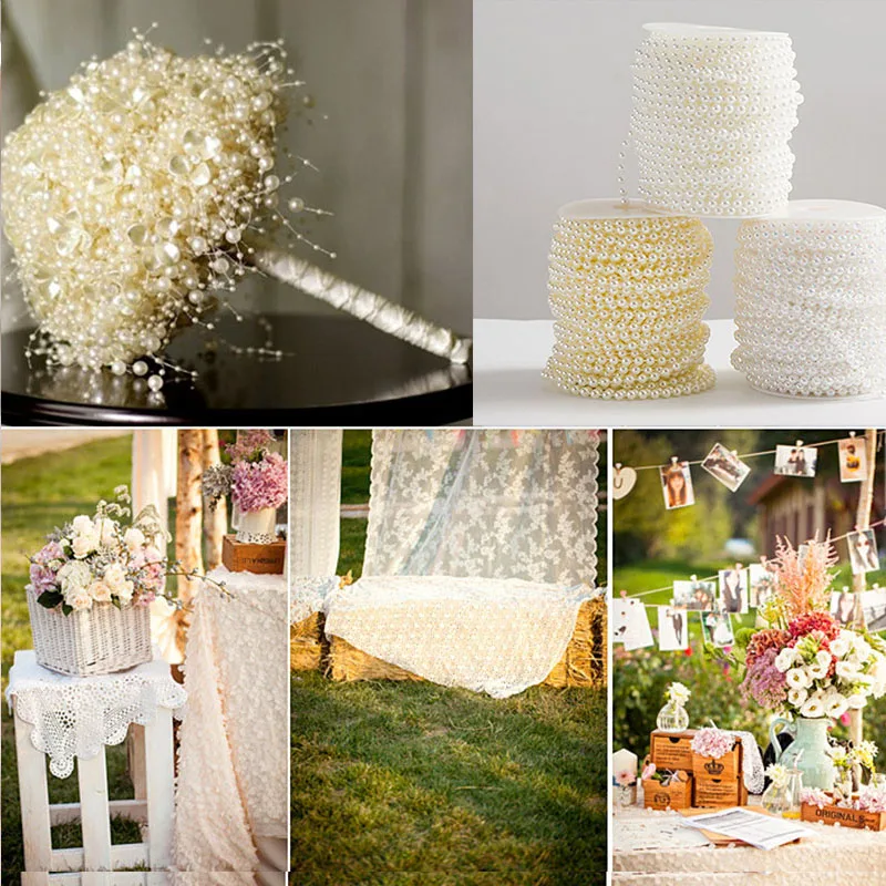 Craft Square Imitation Pearl Beads Cotton Line Chain 5m 3mm-8mm For DIY Party Decoration