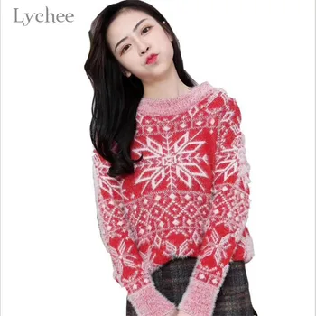 

Lychee Harajuku Christmas Snow Print Women Sweater Casual O-neck Female Jumpers Pullover Spring Autumn Winter Lady Sweaters Tops