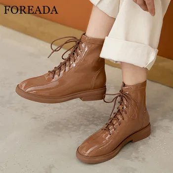 

FOREADA Med Heel Ankle Boots Woman Boots Lace Up Block Heel Short Boots Round Toe Female Shoes Autumn Winter Black Yellow 34-39