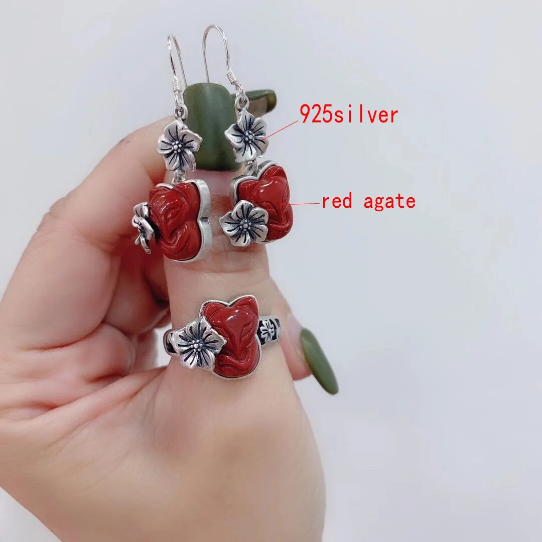 

S925 sterling silver natural white jade fox flower retro wild female earrings