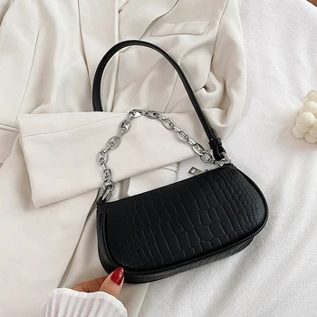 

Women PU Leather Baguette Bag Casual Fashion Single Shoulder Underarm Zipper Small Handbag Travel Crocodile Pattern With Chain