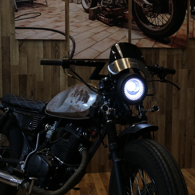 Новая Универсальная мотоциклетная фара дальнего и ближнего света постоянного тока 12 В, светодиодный фонарь для скутера, круглая Ретро черная фара для мотоцикла, светодиодный
