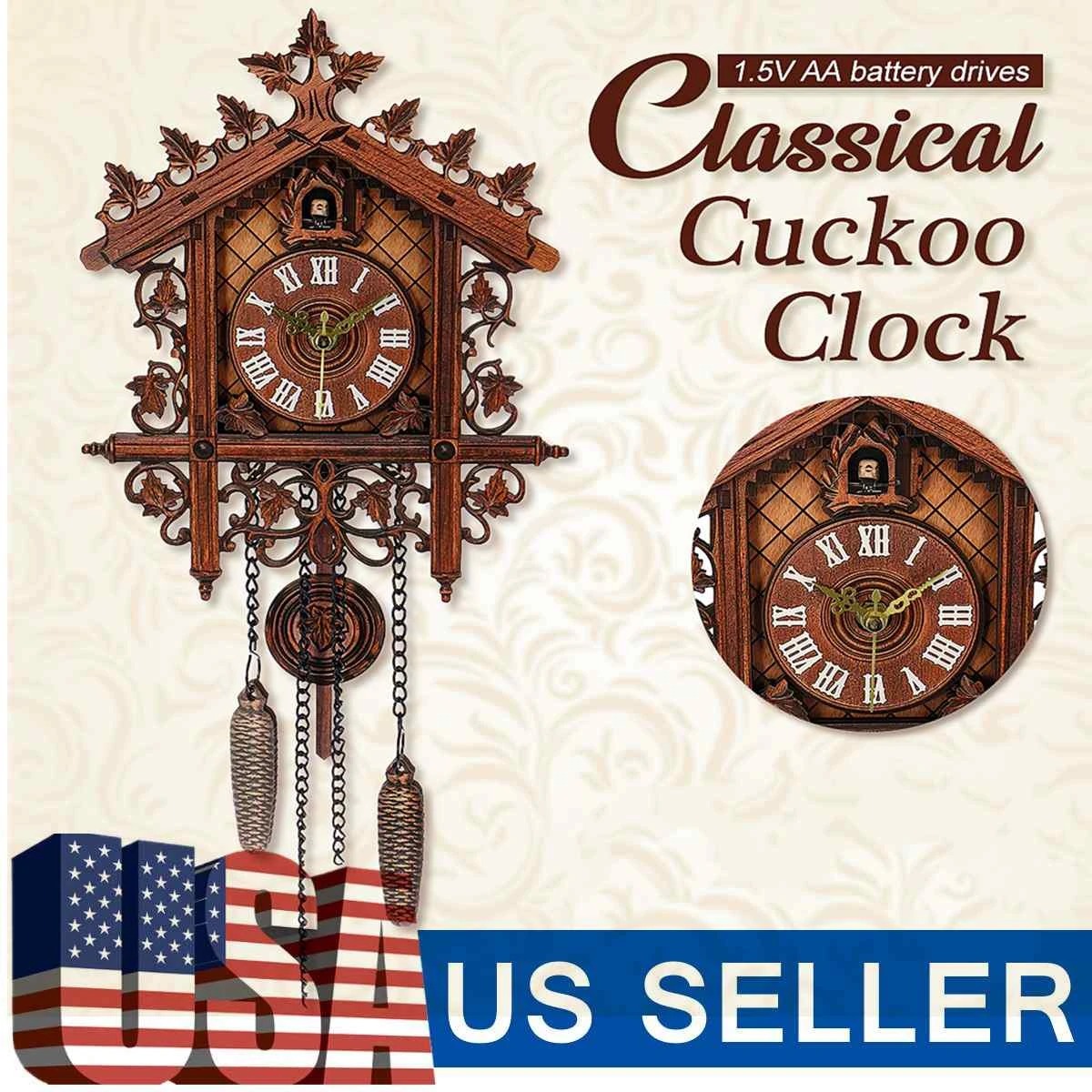 Cuckoo Clock Living Room Wall Clock Bird Cuckoo Alarm Clock MDF Vintage Handcraft Tree House Home Decoration Day Time Alarm