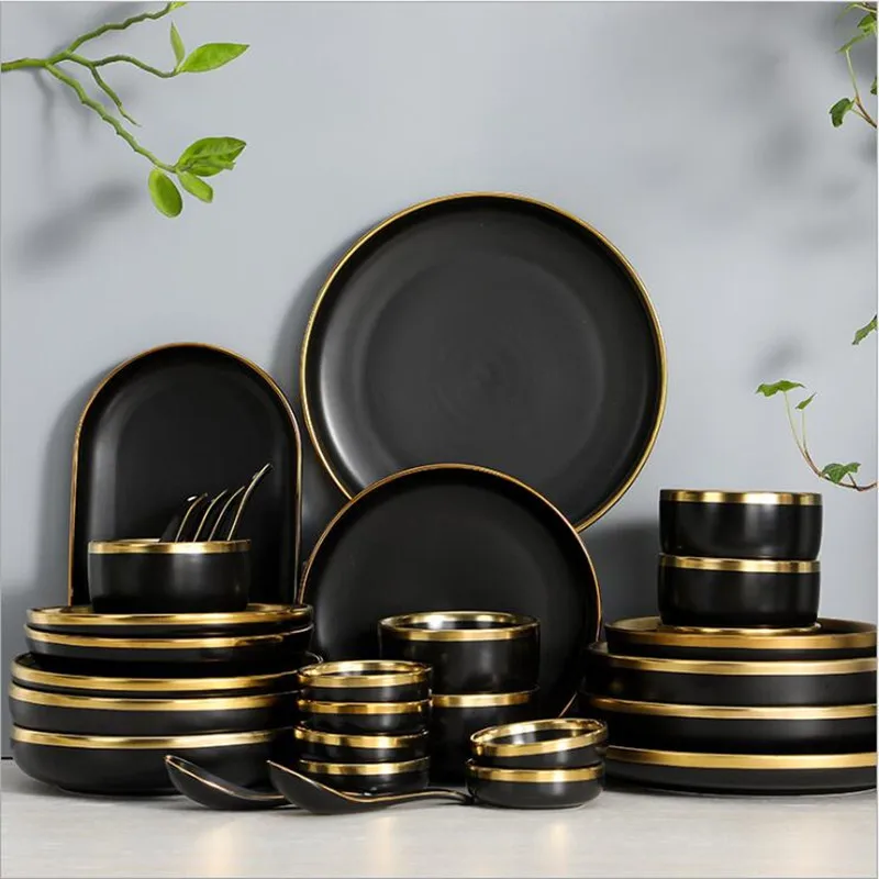 1Set Matte Gold Inlay Black Porcelain Dinner Sets Kitchen Plate Set Food Dishes Rice Salad Noodles Bowl