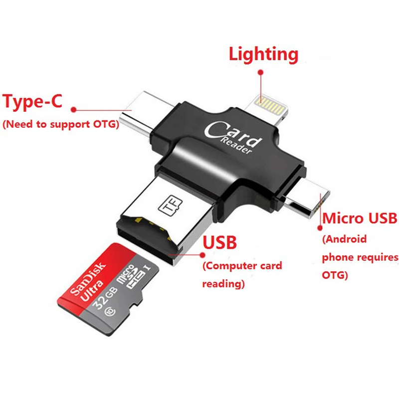 

4-in-1 Multifunction TF Card Reader Lighting Android Type-c USB Interface for Hubsan ZINO H117S For FIMI X8 SE RC Drone