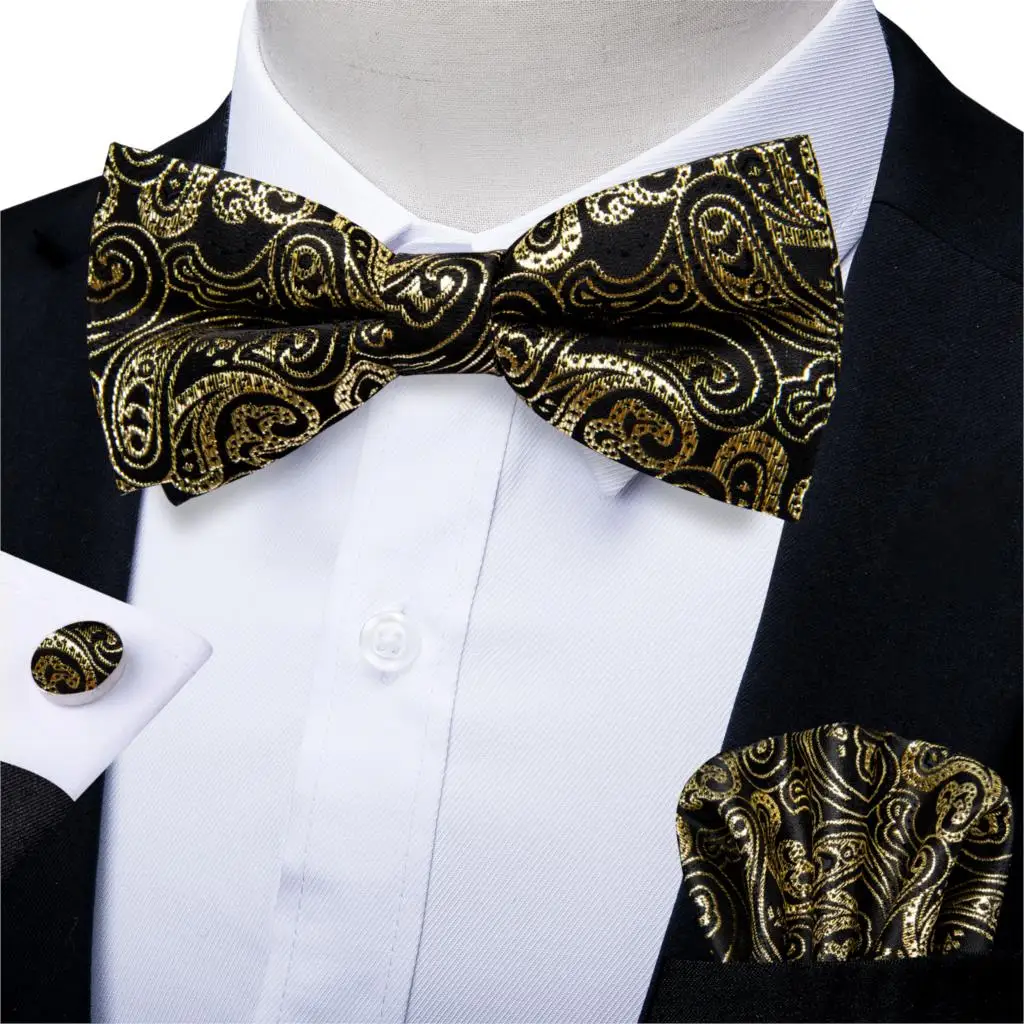

Gold Paisley Wedding Party Tuxedo Bowtie Pocket Square Cufflinks Set Men's Silk Bow Tie Business Butterfly Bow For Men DiBanGu