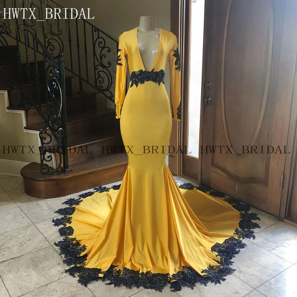 HWTX_Bridal Золотые желтые длинные платья для выпускного вечера на заказ с длинным рукавом черное кружевное с v-образным вырезом сексуальное Русалка официальное вечернее платье