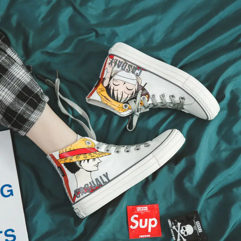 One Piece Shoes - Luffy Canvas High Top Unisex Black And White