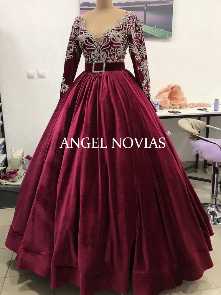 

Long Sleeves Ball Gown Burgundy Evening Dress 2020 kaftan Dubai Formal Beadings Evening Prom Gowns Vestido Formatura Longo