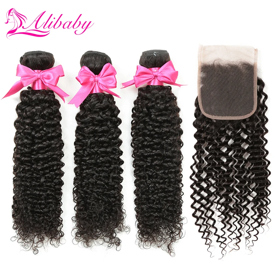 

Alibaby Peruvian Hair Bundles With Closure Natural Color Afro Kinky Curly Hair Non Remy 4pc/Lot Human Hair Bundles With Closure