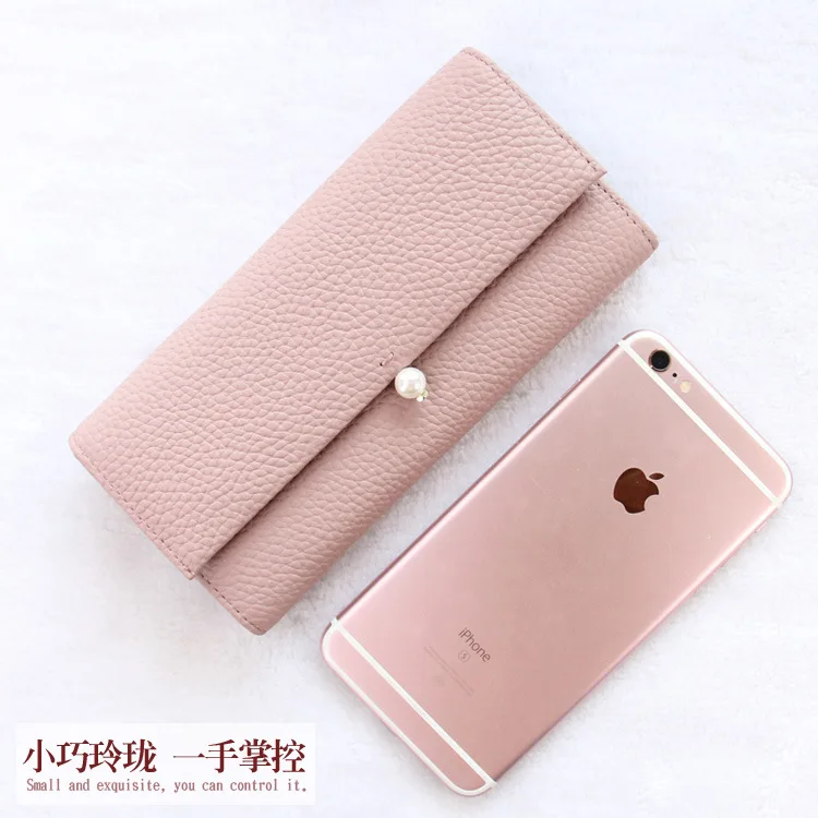 

New Style Korean-style Mid-length Wallet Embossed Leather Three Fold Genuine Leather Clutch Bag Multi-functional Candy-Colored n