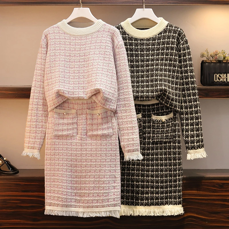 

Autumn Fall New Women Tweed Top Tassel Skirt 2 Pcs Clothing Set Vogue Big Yards L -4XL Sweater Skirts Suits Fashion Vestido