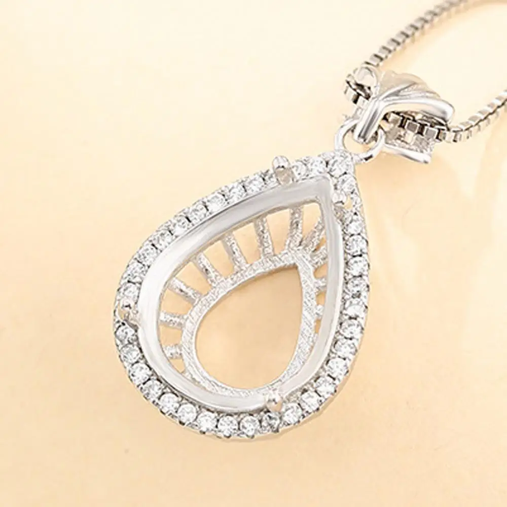 925 Sterling Silver Zircon Pave Pendant Base Teardrop Cabochon Pendant Setting for 12X19mm Gemstone Women's DIY Jewelry Finding