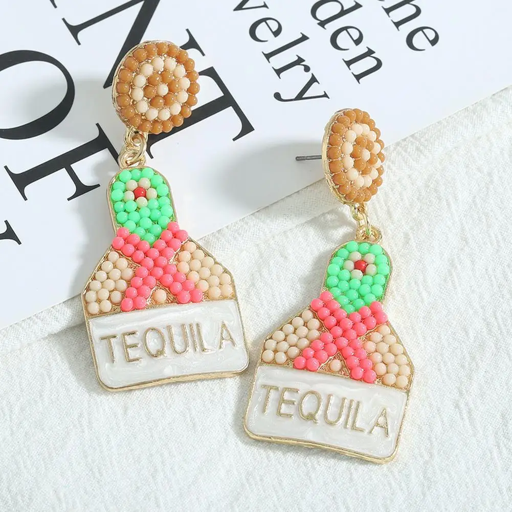 Best Lady 2021 Fashion Beads Colorful Champagne Bottle Earrings for Women Boho Acrylic Letter Drop Earrings Jewelry Party Gifts 1