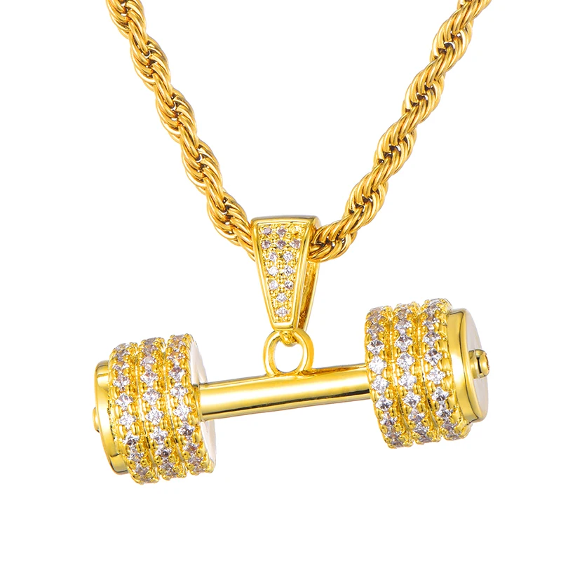 Dumbbell Pendant Necklace Men Women Hip Hop Gold Color Iced Out Cubic Zircon Jewelry | Украшения и аксессуары